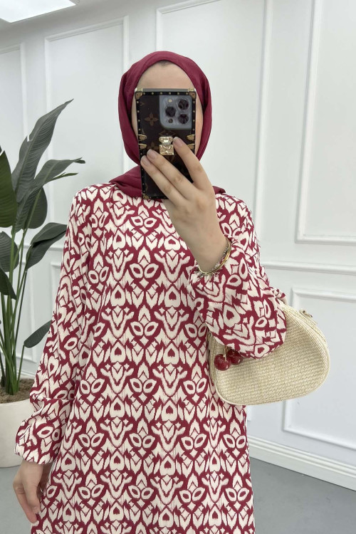 Sare Fashion Patterned Viscose Dress, Burgundy