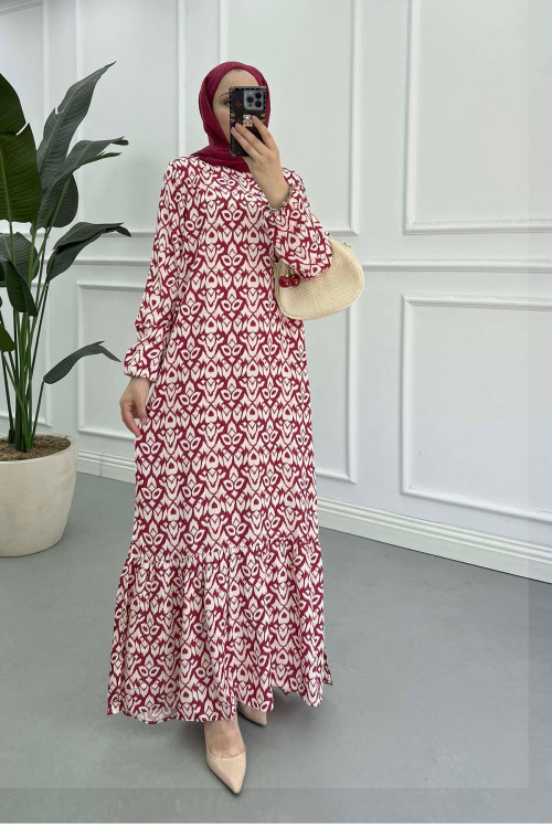 Sare Fashion Patterned Viscose Dress, Burgundy