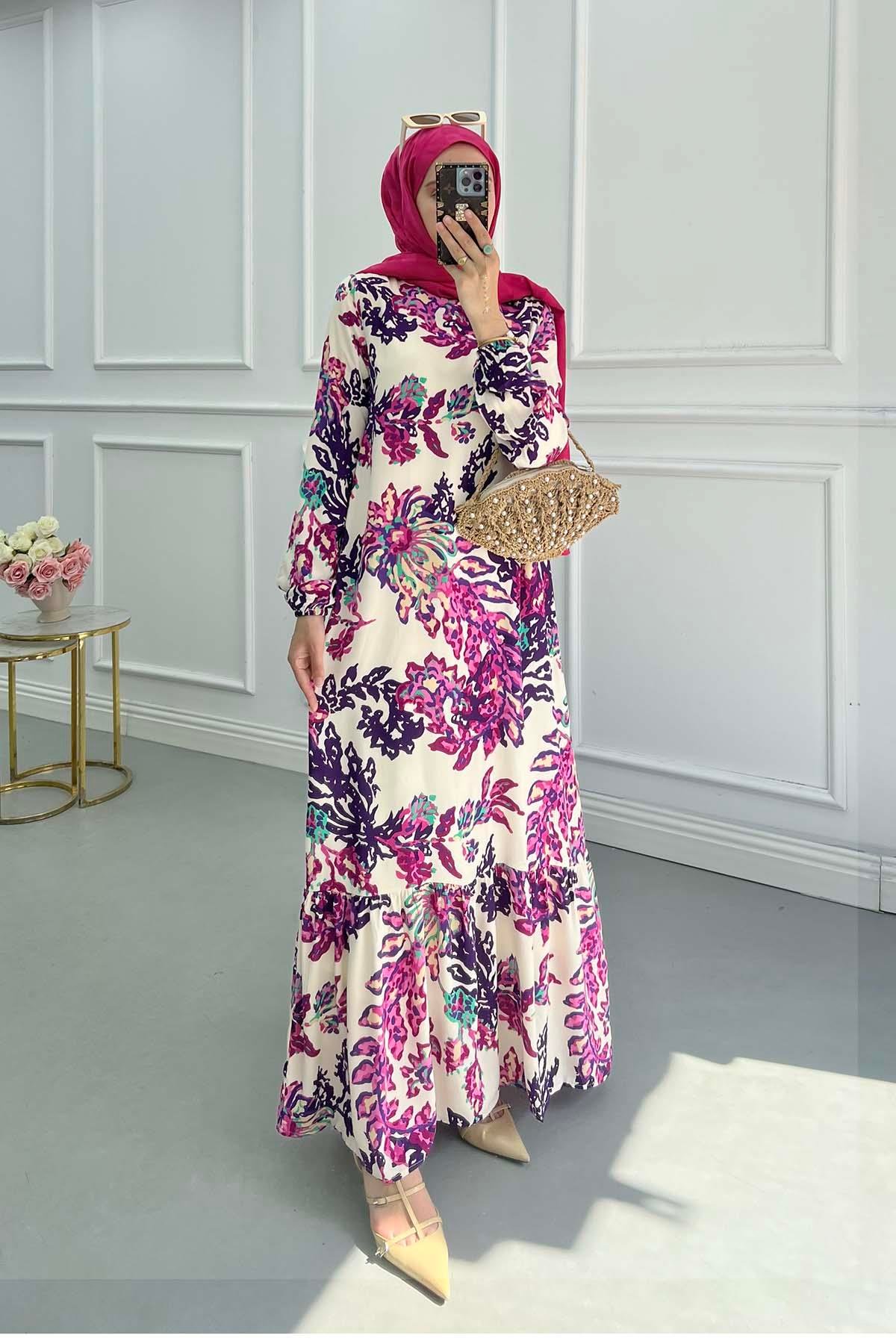 Sare Fashion Patterned Viscose Dress Fuchsia