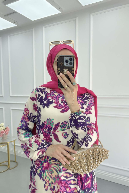 Sare Fashion Patterned Viscose Dress Fuchsia
