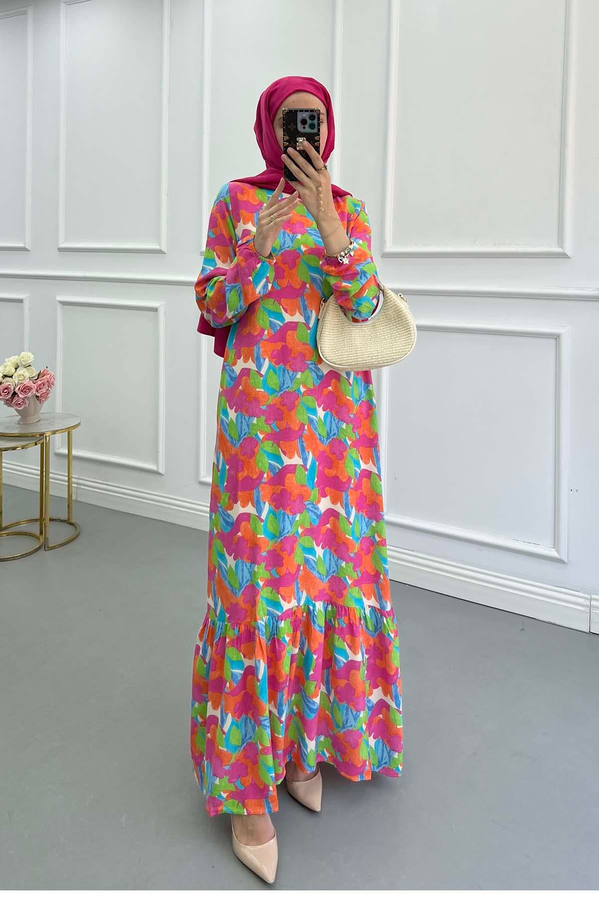 Sare Fashion Patterned Viscose Dress Fuchsia