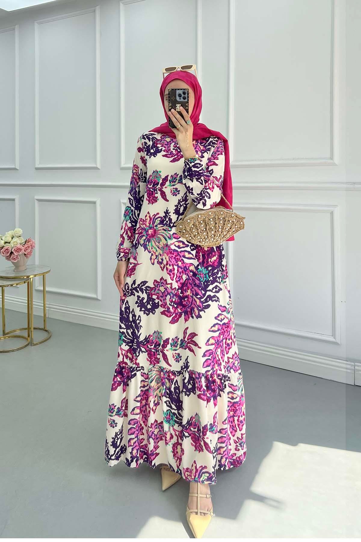 Sare Fashion Patterned Viscose Dress Fuchsia