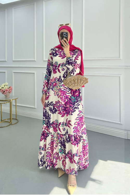 Sare Fashion Patterned Viscose Dress Fuchsia