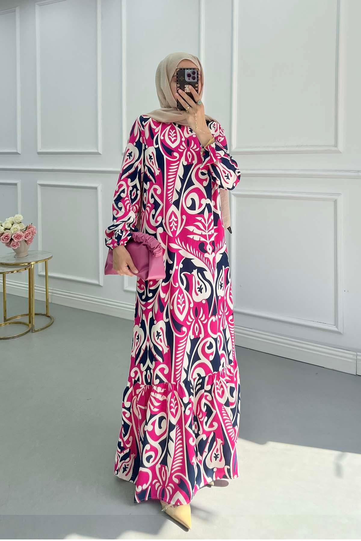 Sare Fashion Patterned Viscose Dress Fuchsia
