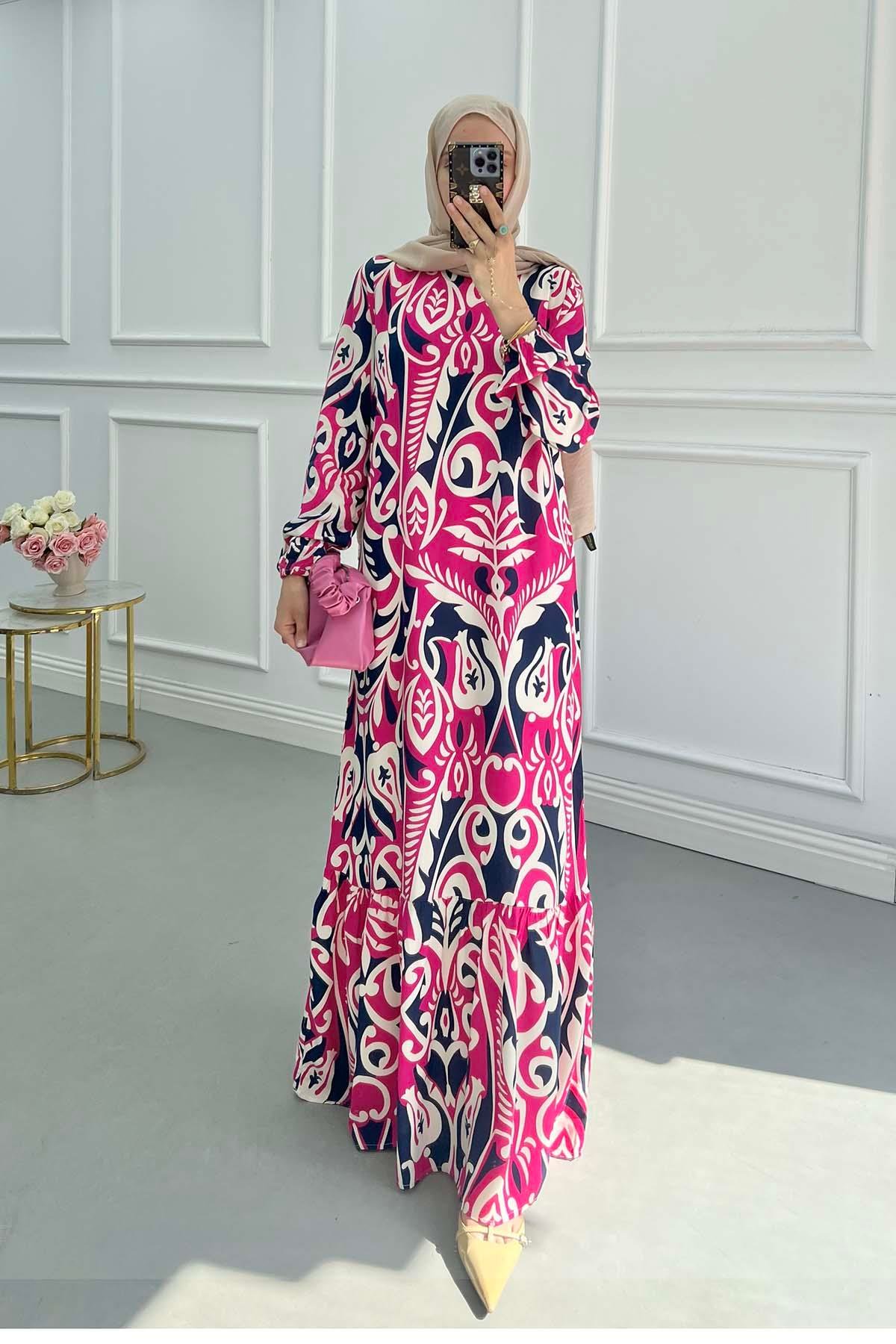 Sare Fashion Patterned Viscose Dress Fuchsia