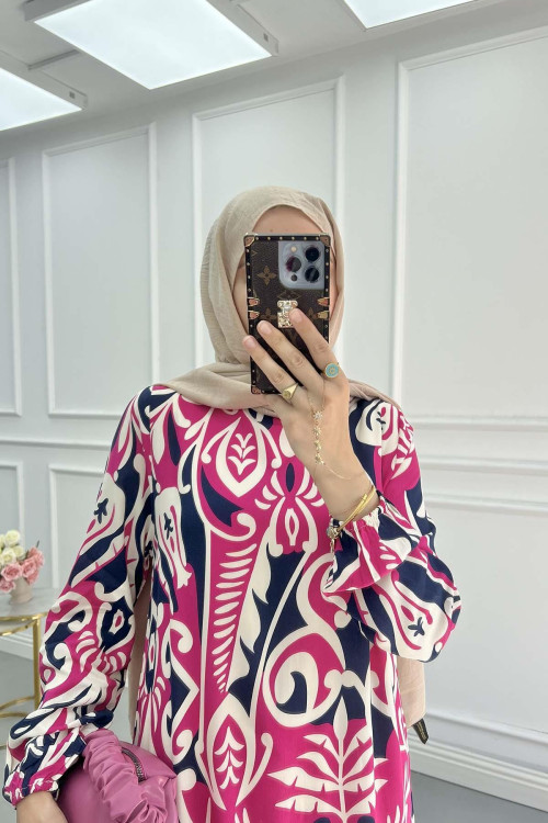 Sare Fashion Patterned Viscose Dress Fuchsia
