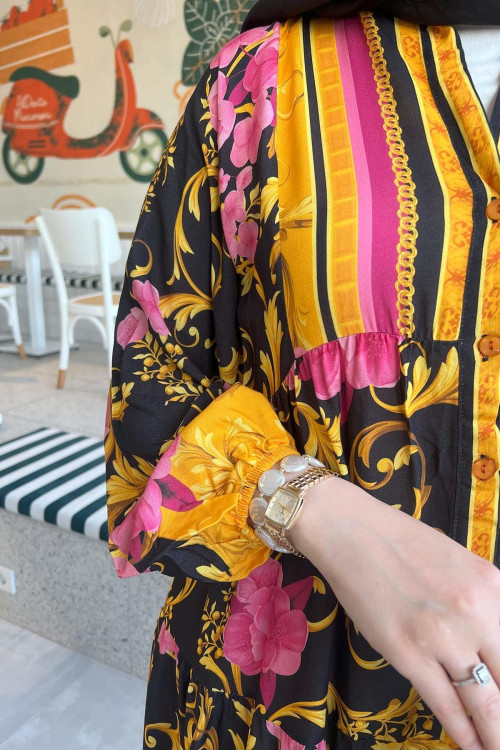 Sare Fashion Patterned Viscose Dress Mustard