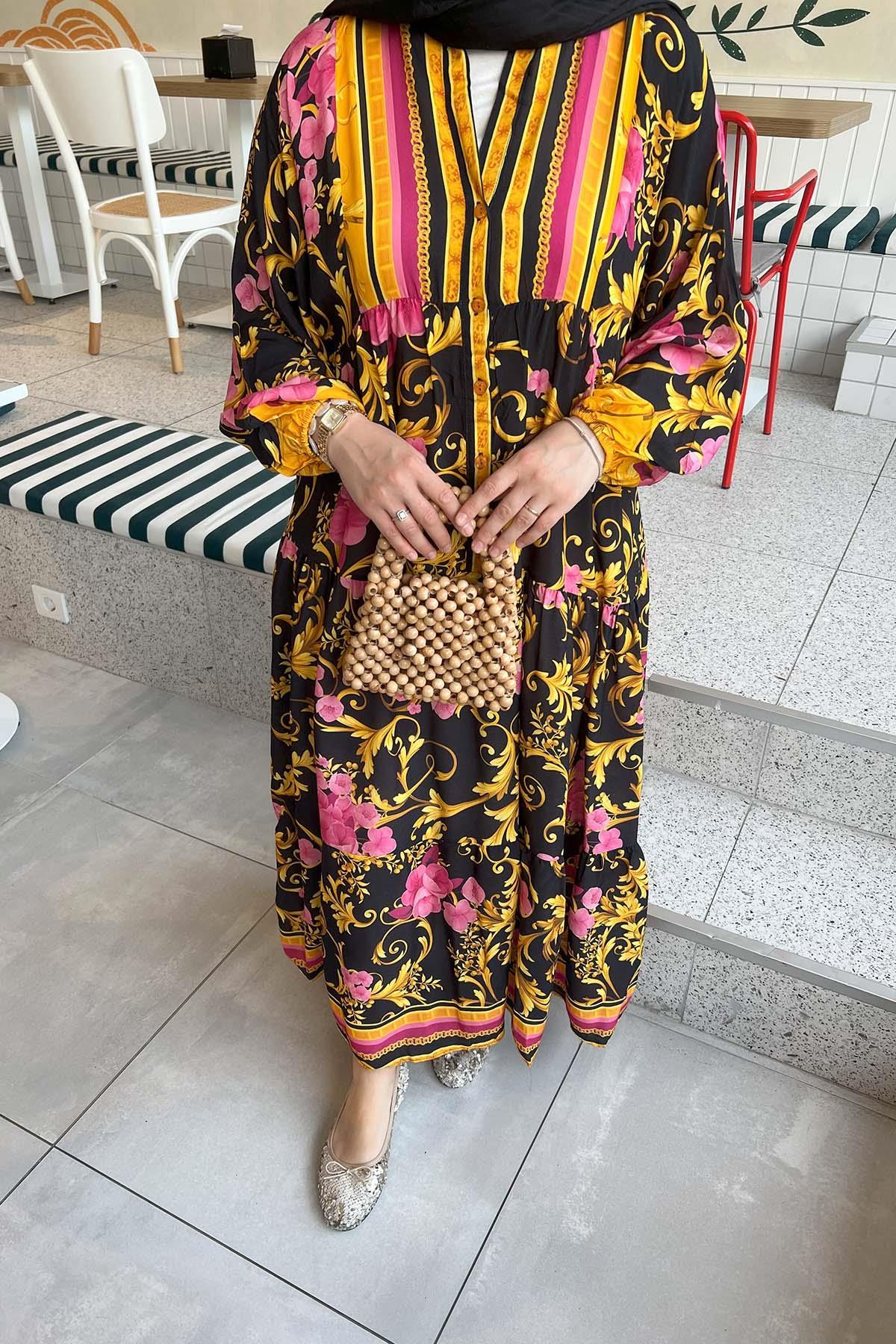 Sare Fashion Patterned Viscose Dress Mustard