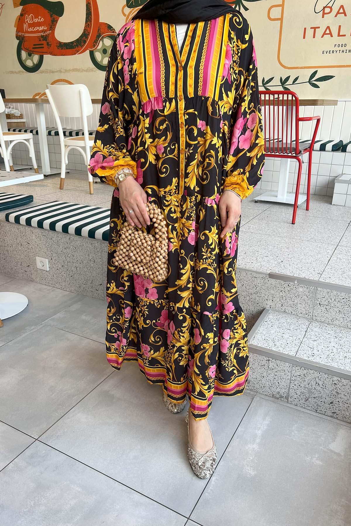 Sare Fashion Patterned Viscose Dress Mustard