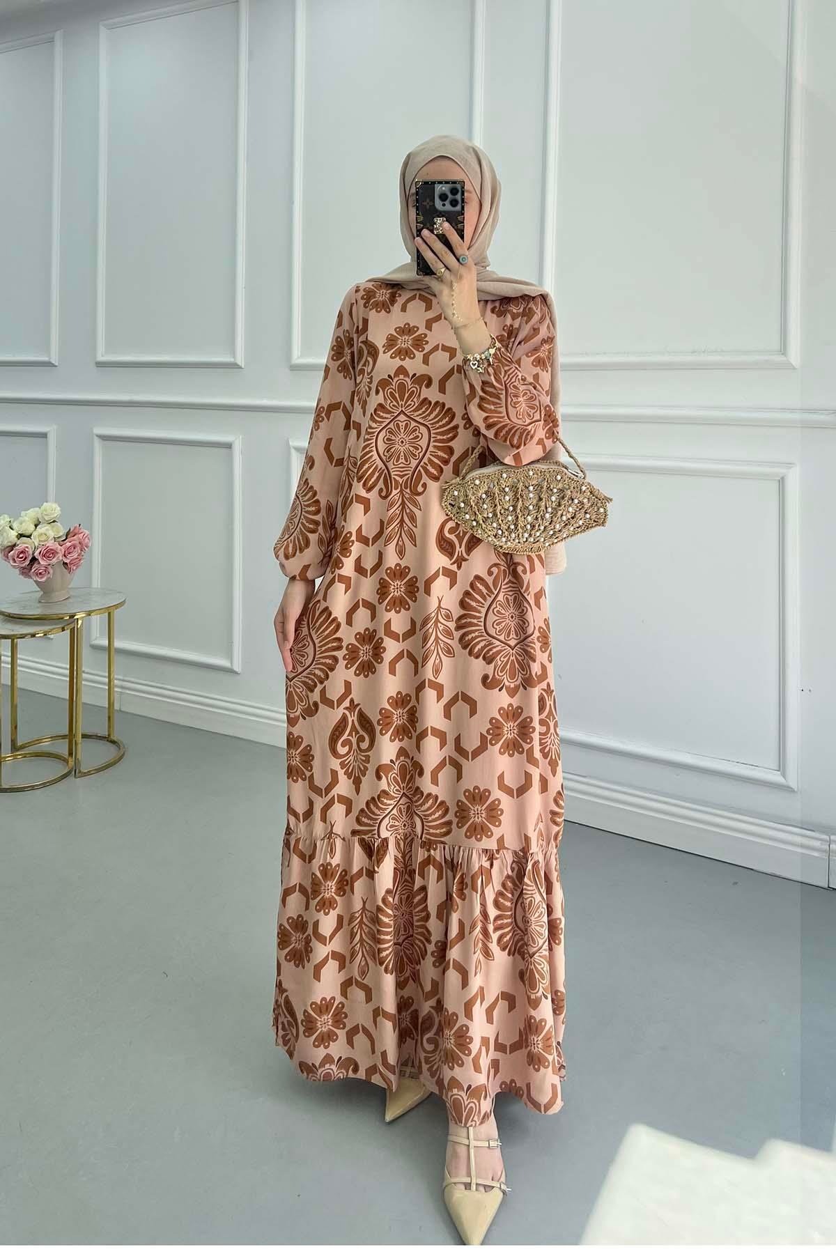 Sare Fashion Patterned Viscose Dress Brown