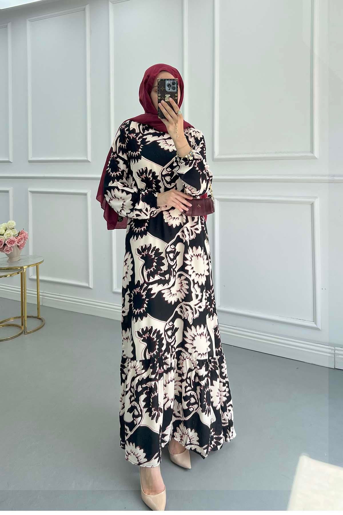 Sare Fashion Patterned Viscose Dress Black-White