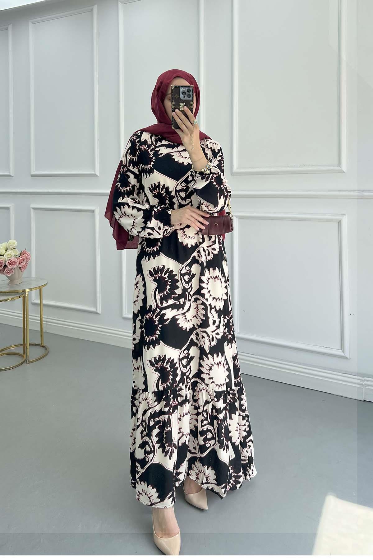 Sare Fashion Patterned Viscose Dress Black-White