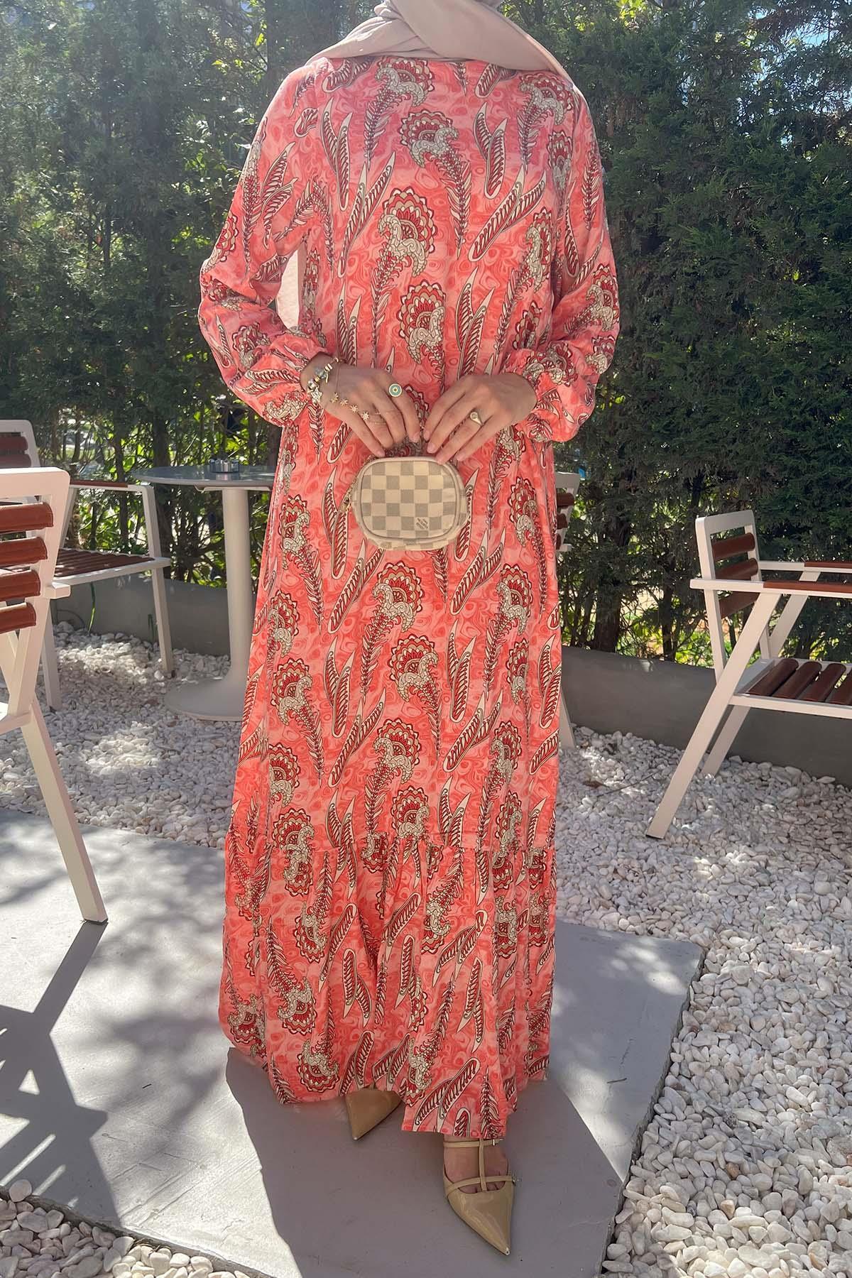 Sare Fashion Patterned Viscose Dress Salmon