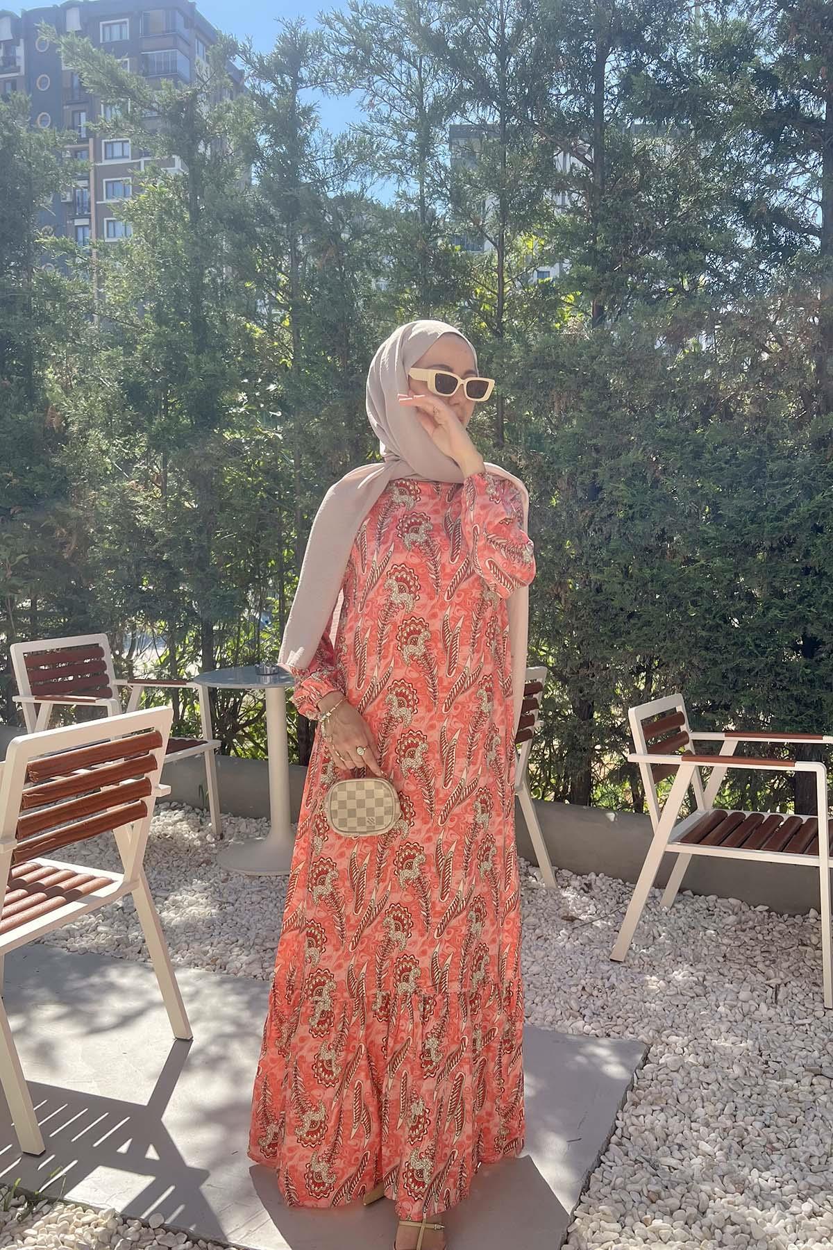 Sare Fashion Patterned Viscose Dress Salmon