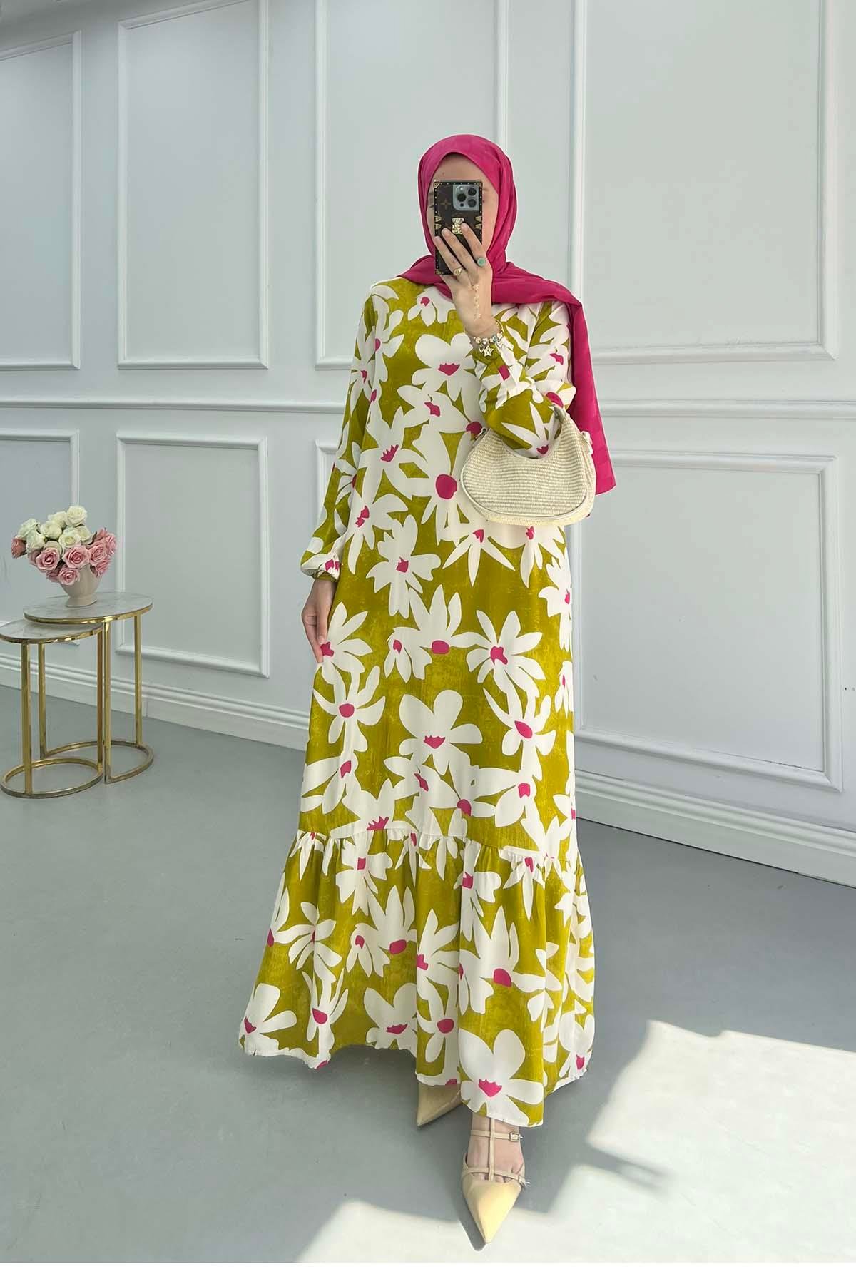 Sare Fashion Patterned Viscose Dress Oil Green
