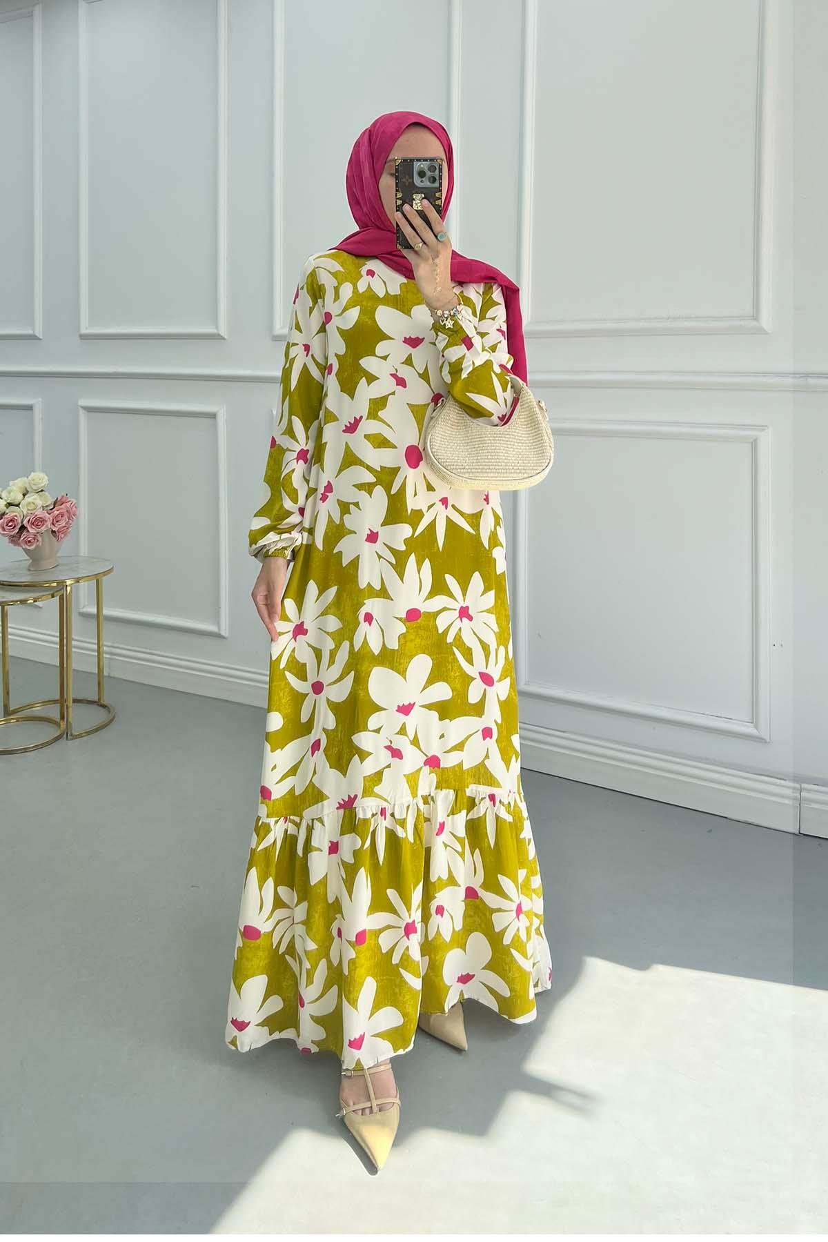 Sare Fashion Patterned Viscose Dress Oil Green