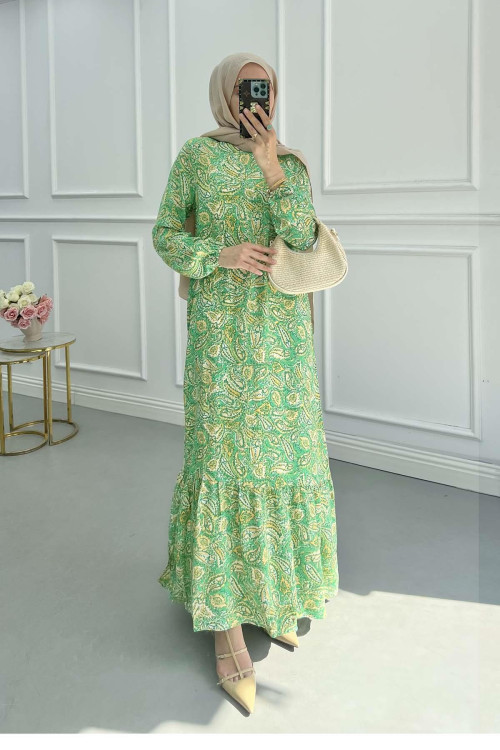 Sare Fashion Patterned Viscose Dress Green
