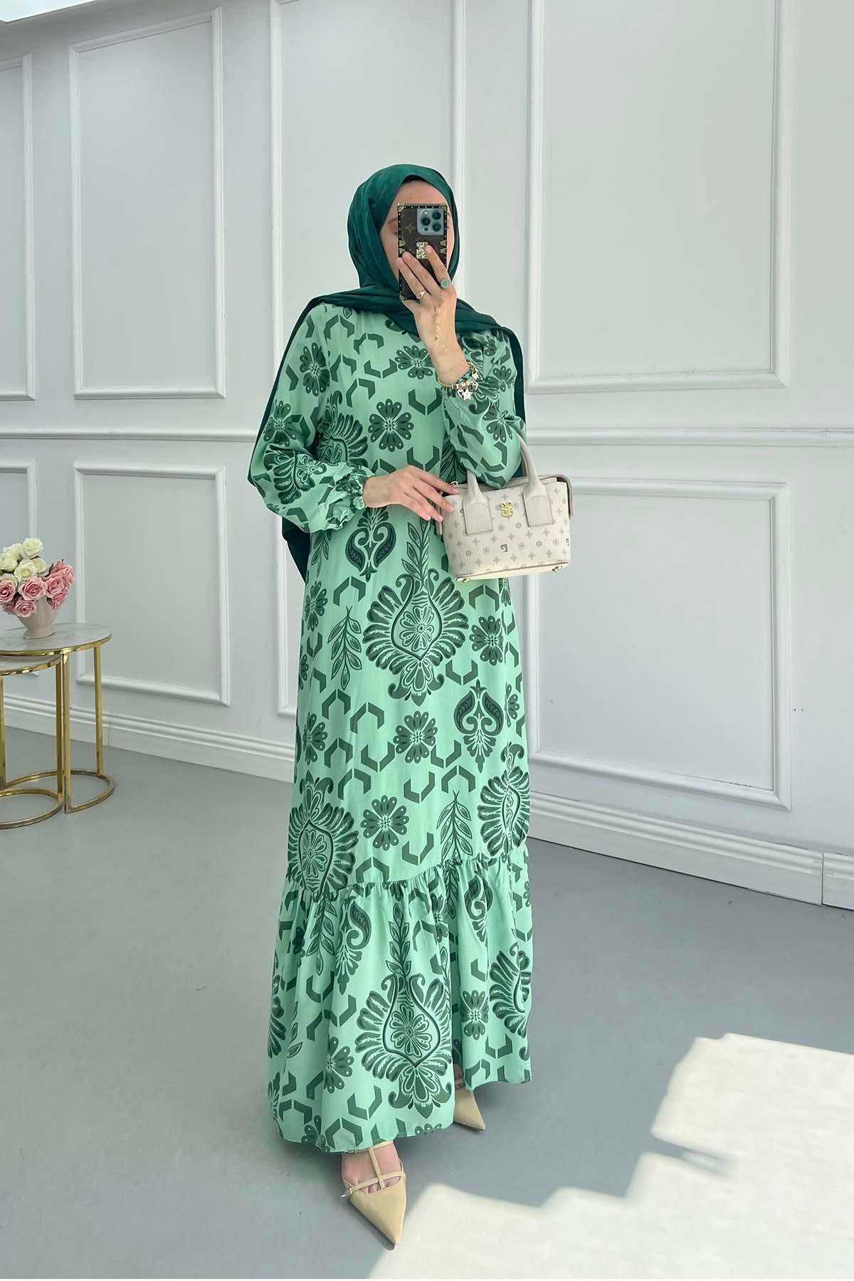 Sare Fashion Patterned Viscose Dress Green