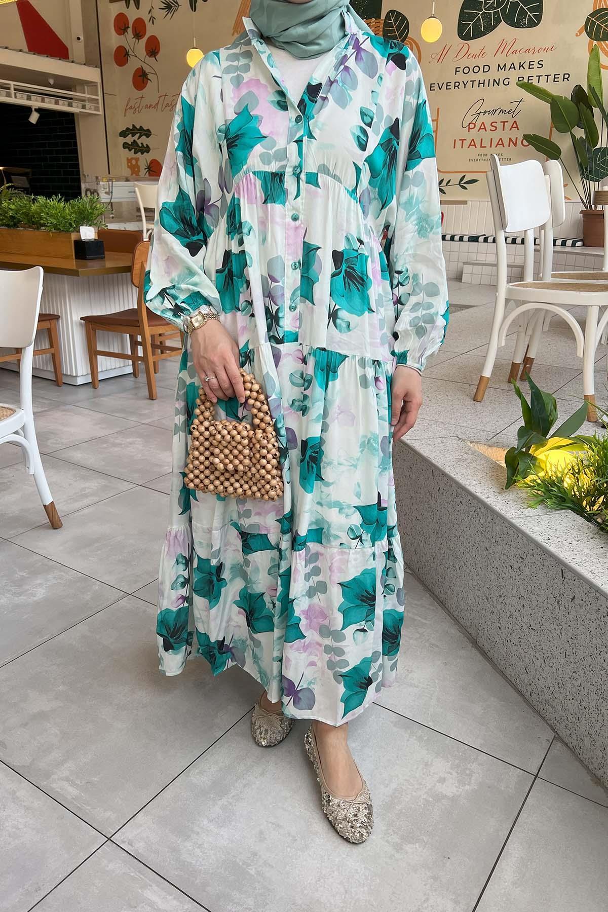 Sare Fashion Patterned Viscose Dress Green-White
