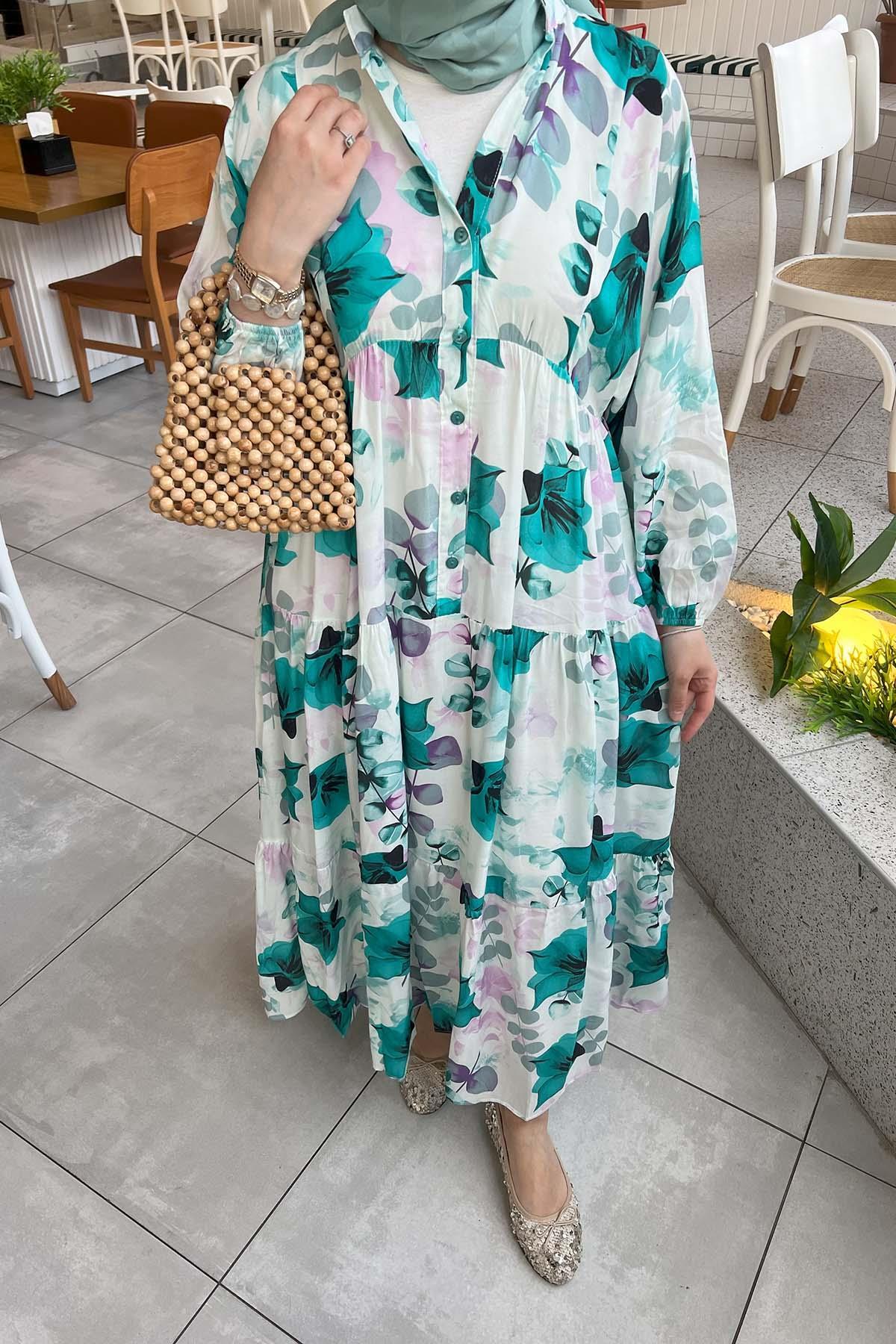 Sare Fashion Patterned Viscose Dress Green-White