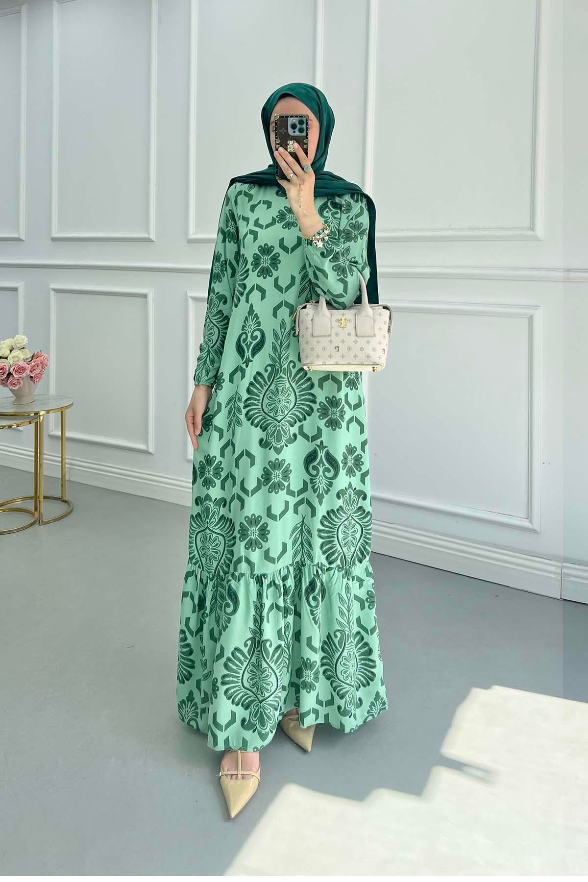 Sare Fashion Patterned Viscose Dress Green