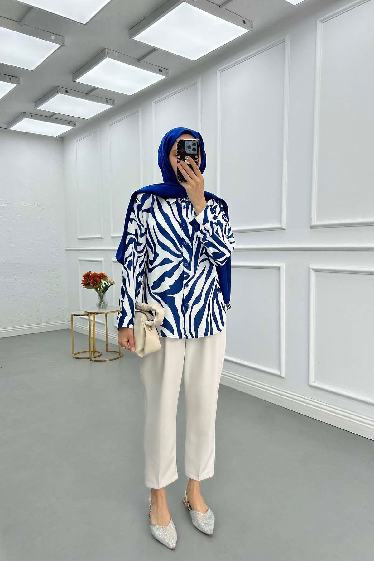 Sare Fashion Patterned Viscose Shirt Navy Blue