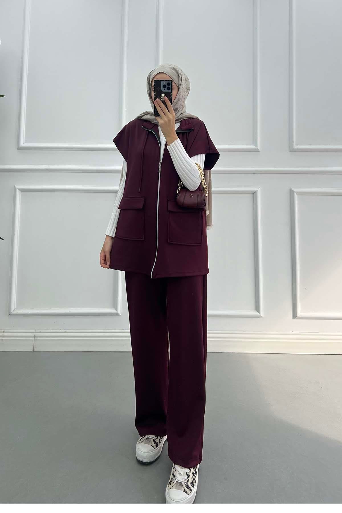 Sare Fashion Stand Collar Scuba Vest Set Claret Red Sare Fashion Stand Collar Scuba Vest Set Claret Red