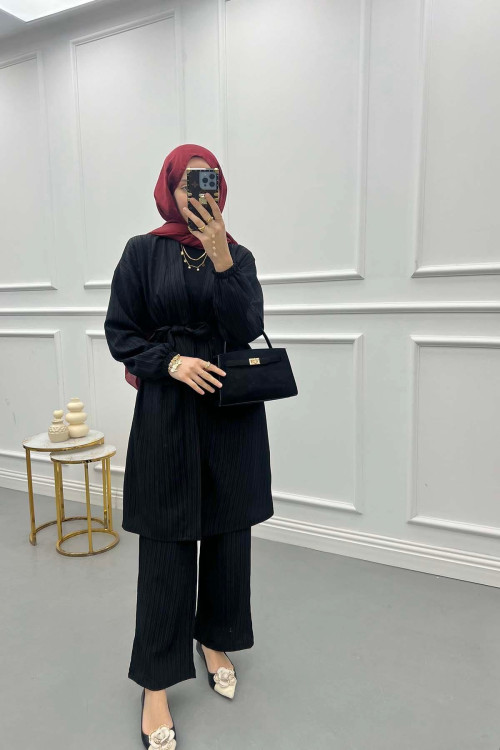 Textured Kimono Set Black