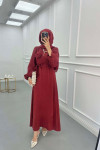 Sare Fashion Textured Fabric Brooch Belted Dress Burgundy