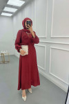 Sare Fashion Textured Fabric Brooch Belted Dress Burgundy