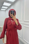 Sare Fashion Textured Fabric Brooch Belted Dress Burgundy
