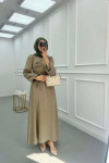 Sare Fashion Textured Fabric Brooch Belted Dress Khaki