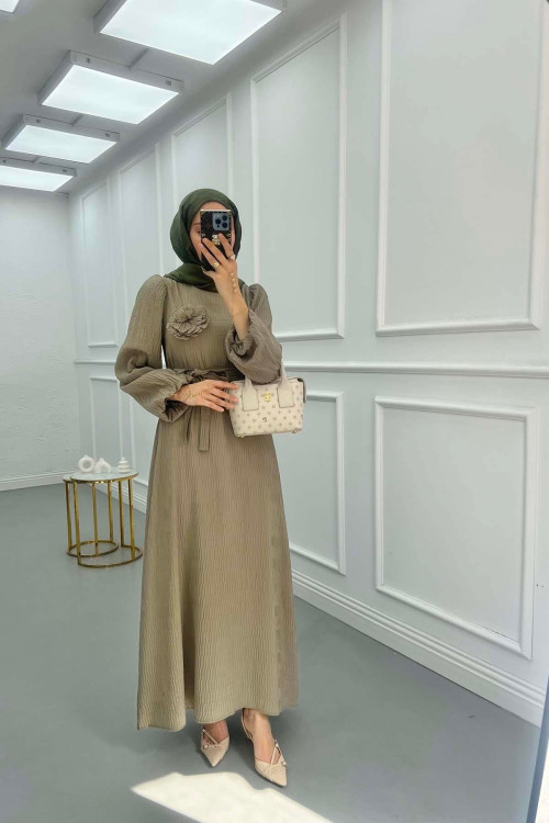 Sare Fashion Textured Fabric Brooch Belted Dress Khaki