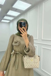Sare Fashion Textured Fabric Brooch Belted Dress Khaki