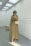 Sare Fashion Textured Fabric Brooch Belted Dress Khaki