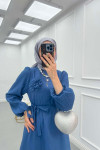 Sare Fashion Textured Fabric Brooch Belted Dress Blue