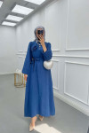 Sare Fashion Textured Fabric Brooch Belted Dress Blue