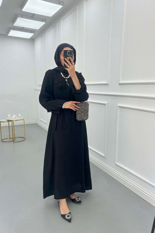 Sare Fashion Textured Fabric Brooch Belted Dress Black