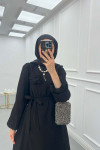 Sare Fashion Textured Fabric Brooch Belted Dress Black