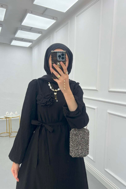 Sare Fashion Textured Fabric Brooch Belted Dress Black