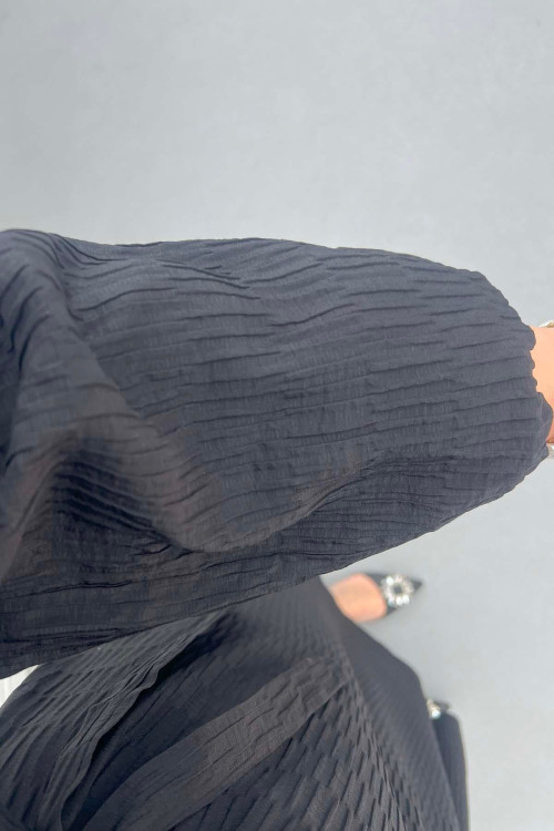 Sare Fashion Textured Fabric Brooch Belted Dress Black