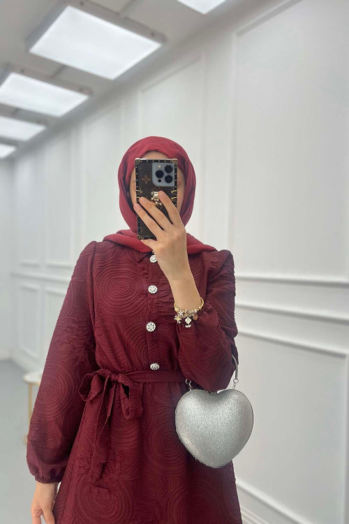 Sare Fashion Textured Fabric Button Detail Dress Burgundy
