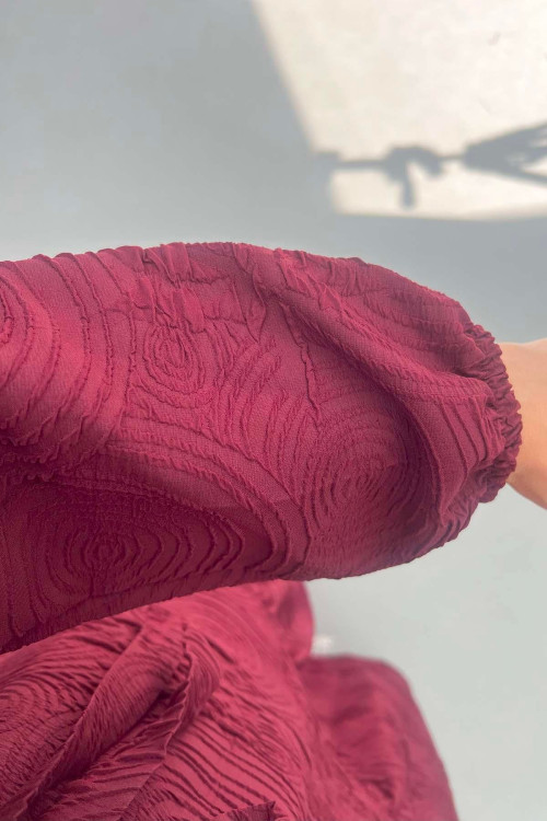 Sare Fashion Textured Fabric Button Detail Dress Burgundy