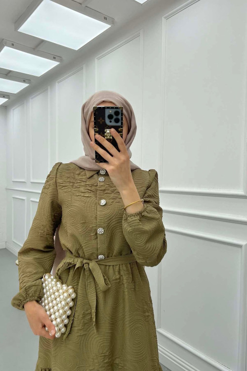 Sare Fashion Textured Fabric Button Detail Dress Green