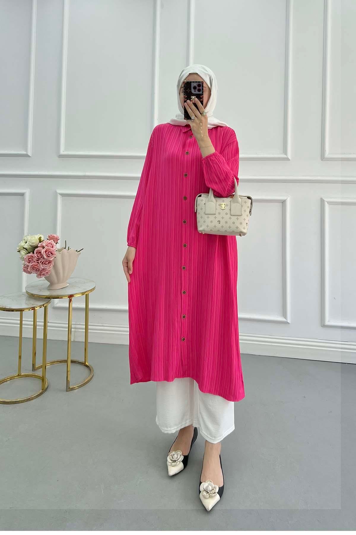 Sare Fashion Textured Fabric Elastic Sleeve Shirt Fuchsia