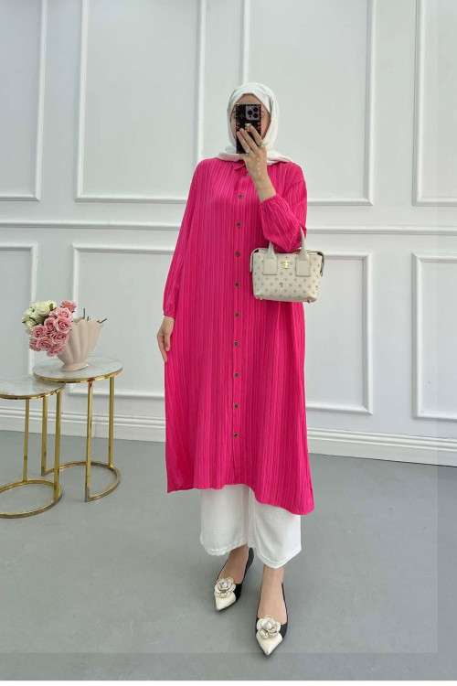 Sare Fashion Textured Fabric Elastic Sleeve Shirt Fuchsia