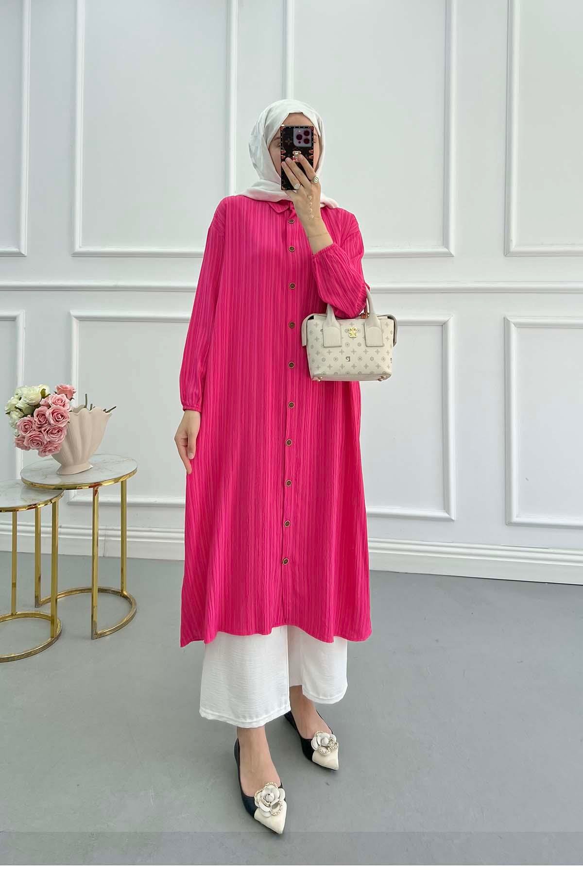 Sare Fashion Textured Fabric Elastic Sleeve Shirt Fuchsia