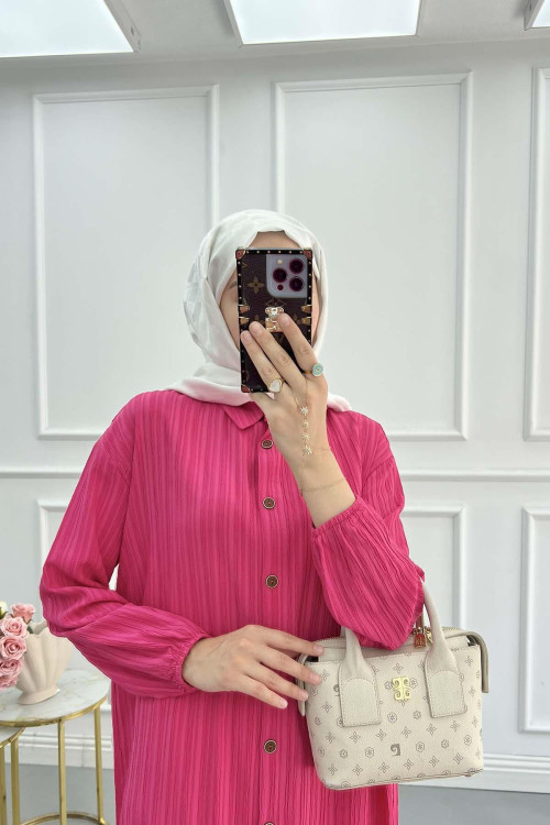 Sare Fashion Textured Fabric Elastic Sleeve Shirt Fuchsia