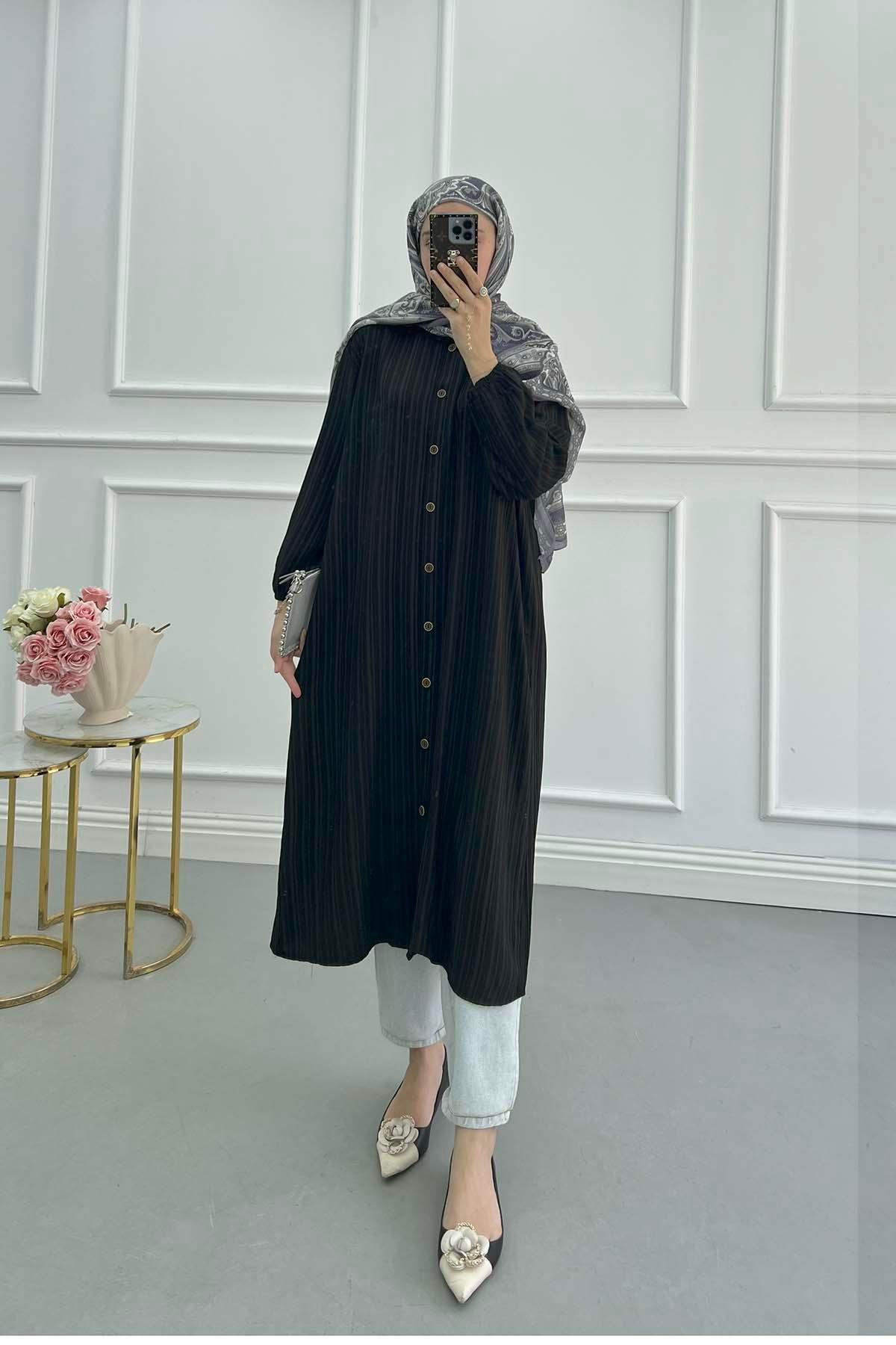 Sare Fashion Textured Fabric Elastic Sleeve Shirt Black