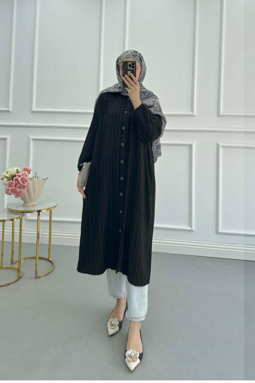 Sare Fashion Textured Fabric Elastic Sleeve Shirt Black
